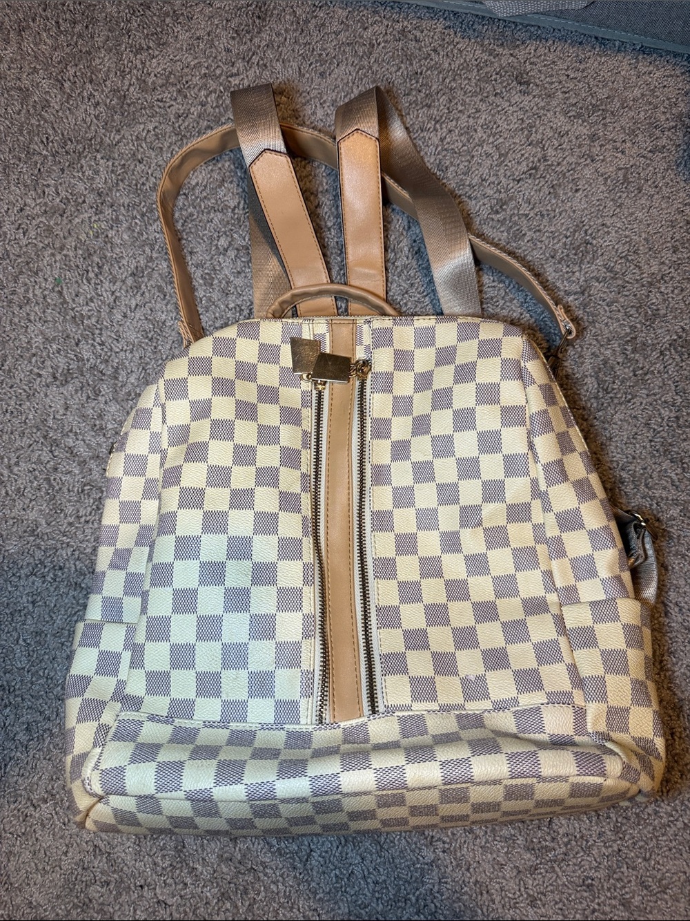 Cream Checkered Women's Backpack Tote